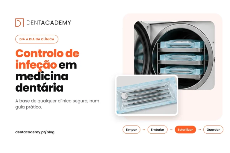 Capa do artigo Controlo de infeção em medicina dentária, com uma autoclave, instrumentos embalados e o circuito limpar, embalar, esterilizar e guardar