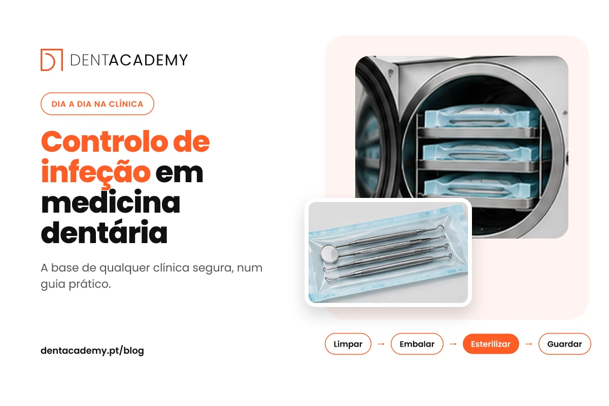 Capa do artigo Controlo de infeção em medicina dentária, com uma autoclave, instrumentos embalados e o circuito limpar, embalar, esterilizar e guardar