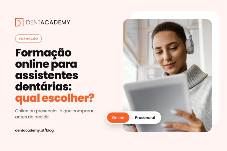 Capa do artigo Formação online para assistentes dentárias: qual escolher?, com uma aluna de auscultadores a estudar num tablet