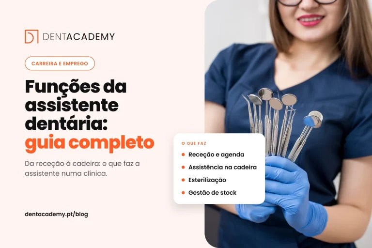 Capa do artigo Funções da assistente dentária: guia completo, com uma assistente a segurar instrumentos e a lista receção, cadeira, esterilização e stock