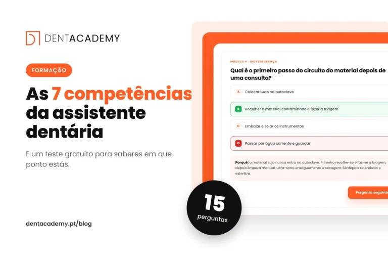Capa do artigo sobre as 7 competências da assistente dentária, com uma pergunta do teste de conhecimentos de 15 perguntas