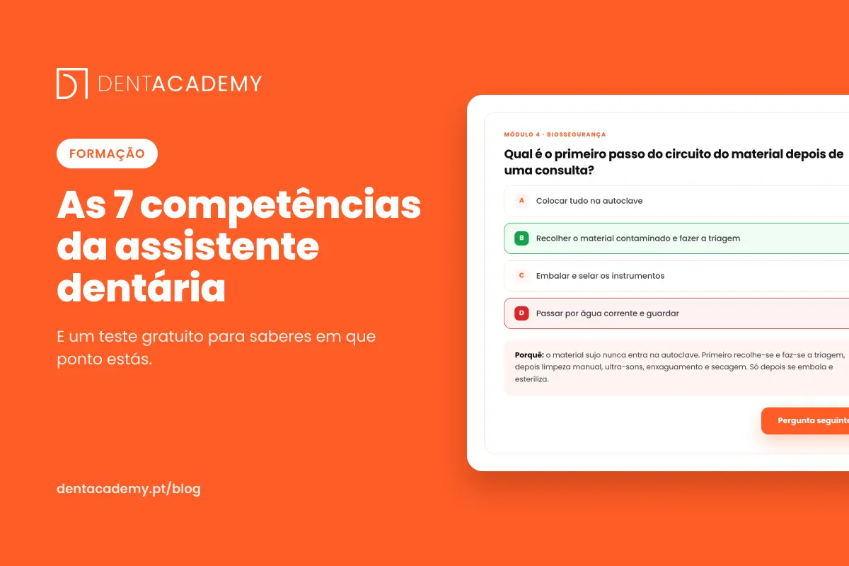 Capa do artigo sobre as competências da assistente dentária, com uma pergunta do teste de conhecimentos