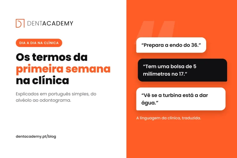 Capa do artigo sobre os termos de medicina dentária da primeira semana na clínica, com frases ditas no gabinete
