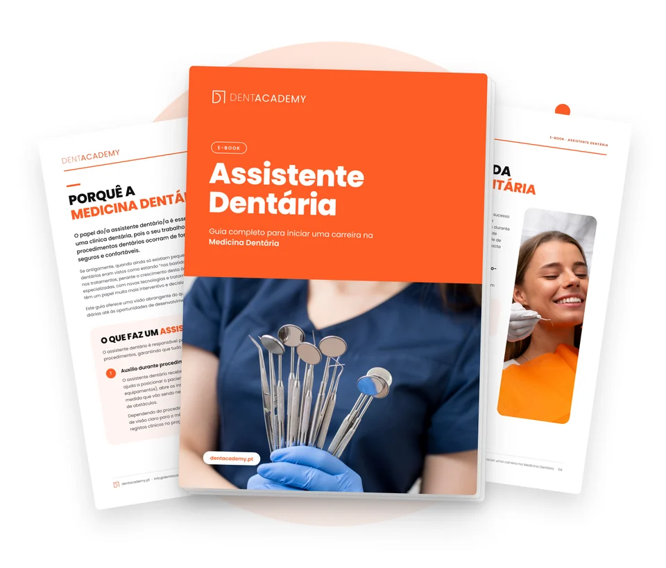 E-book assistente dentária da DentAcademy: capa e duas páginas interiores do guia gratuito