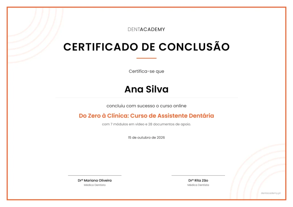Exemplo do certificado de conclusão do curso Do Zero à Clínica, assinado pela Drª Mariana Oliveira e pela Drª Rita Zão