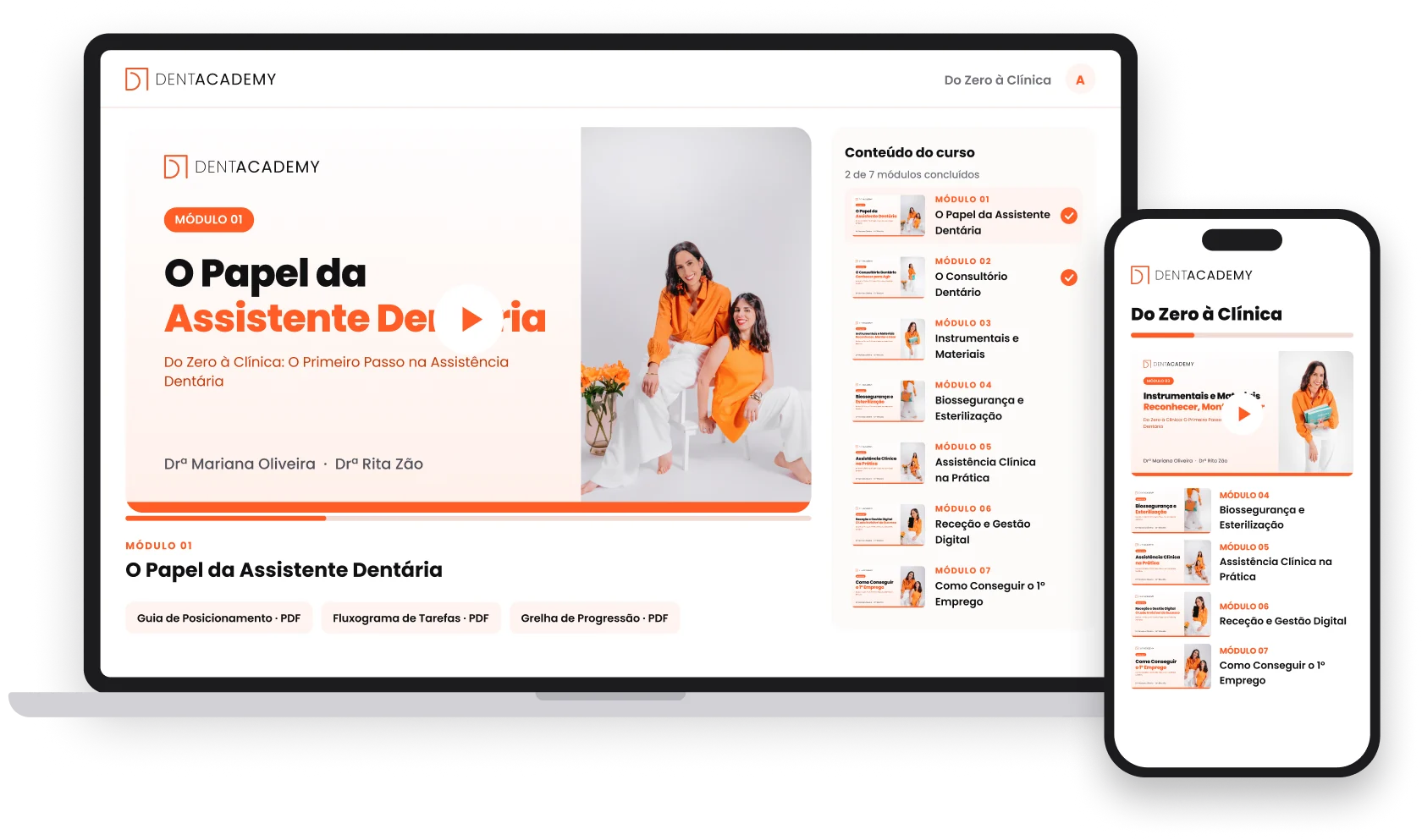Área de alunas do curso Do Zero à Clínica no portátil e no telemóvel, com os 7 módulos em vídeo